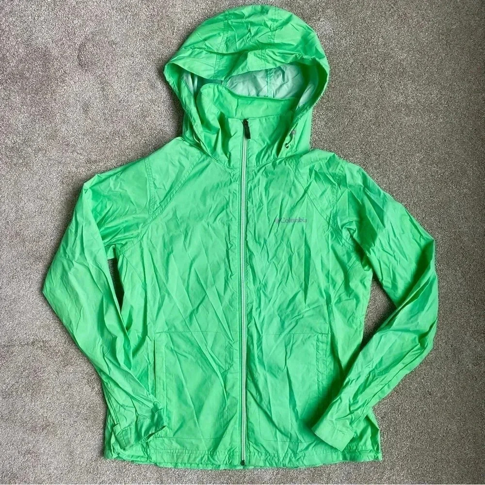 Columbia Sportswear Nylon Lime Green Hoodie Windbreaker Jacket Full Zip Size M